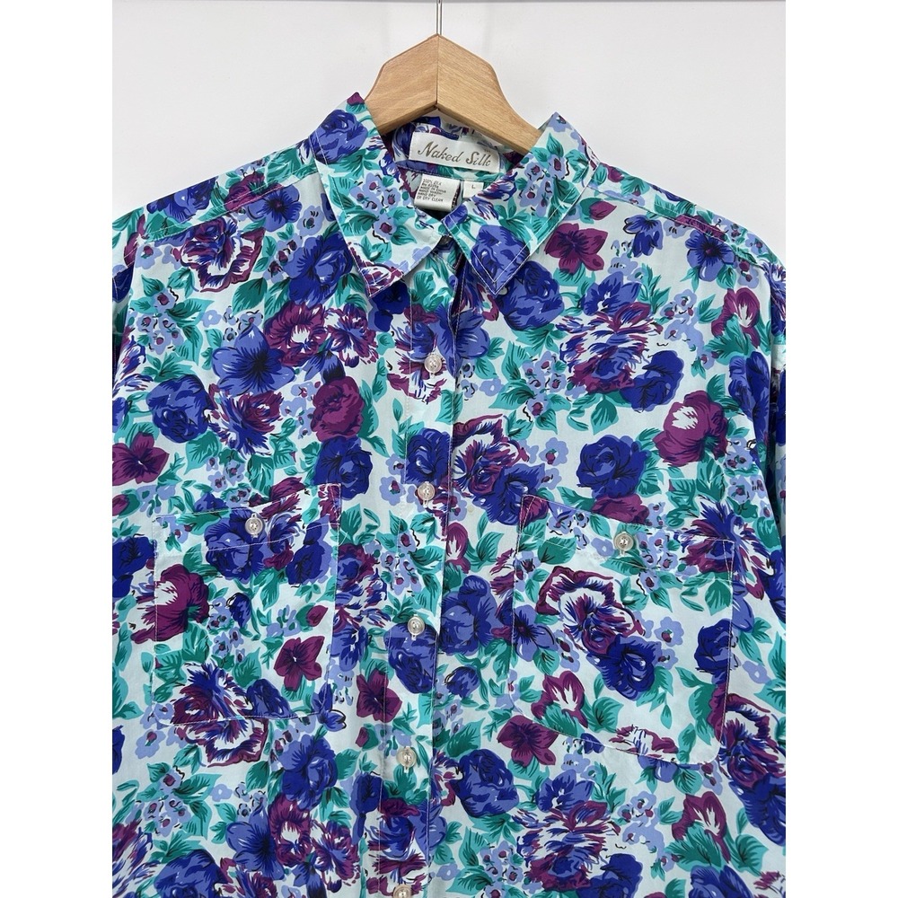 Naked Silk Floral Blouse Womens L Blue Purple 100% Silk Button Up Cottagecore